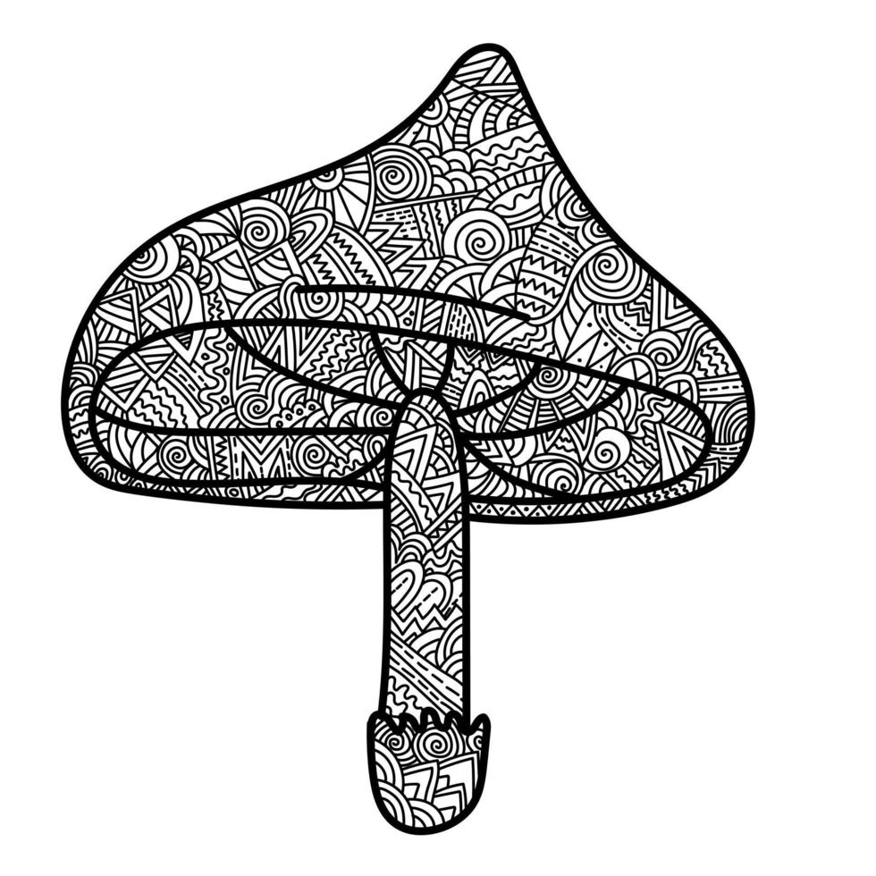 champignon anti-stress à colorier avec des motifs ornés, agaric de mouche avec des boucles de griffonnage zen, livre de coloriage pour adultes et enfants vecteur