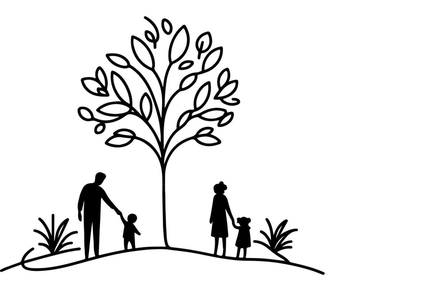 ai généré continu un noir ligne art dessin silhouettes de content famille en portant le mains avec arbre vecteur illustration sur blanc Contexte