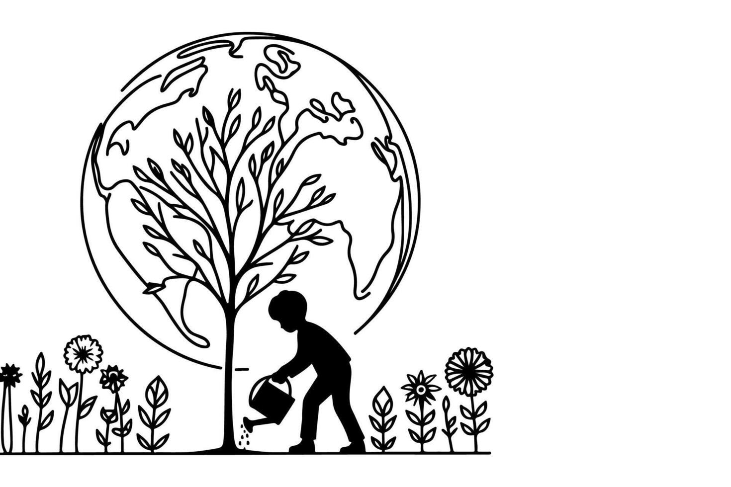 ai généré continu un noir ligne art dessin les enfants arrosage une arbre. plantation arbre à enregistrer le monde et Terre journée réduire global chauffage croissance concept vecteur illustration sur blanc Contexte