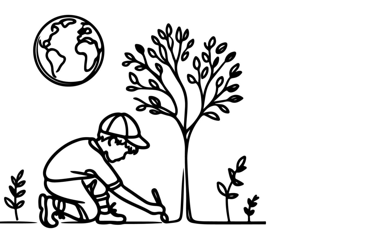 ai généré continu un noir ligne art dessin les enfants arrosage une arbre. plantation arbre à enregistrer le monde et Terre journée réduire global chauffage croissance concept vecteur illustration sur blanc Contexte