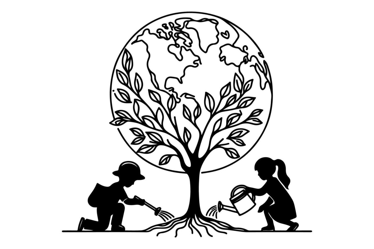 ai généré continu un noir ligne art dessin les enfants arrosage une arbre. plantation arbre à enregistrer le monde et Terre journée réduire global chauffage croissance concept vecteur illustration sur blanc Contexte