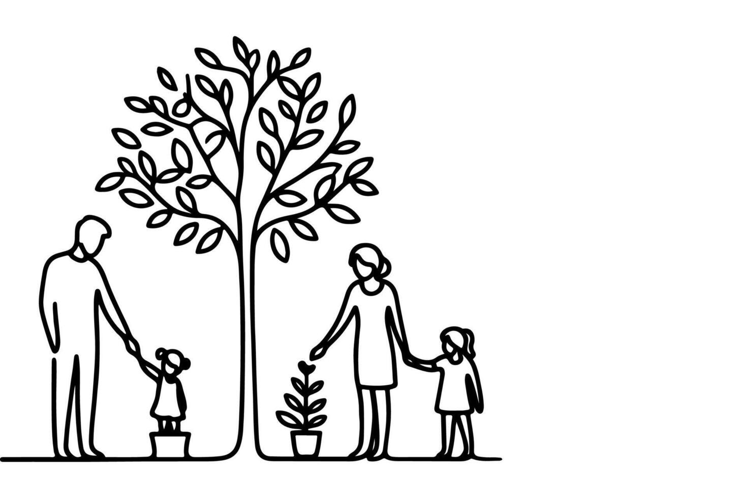 ai généré continu un noir ligne art dessin silhouettes de content famille en portant le mains avec arbre vecteur illustration sur blanc Contexte