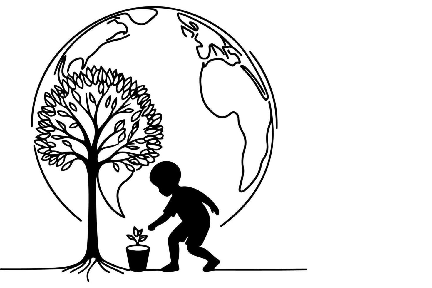 ai généré continu un noir ligne art dessin les enfants arrosage une arbre. plantation arbre à enregistrer le monde et Terre journée réduire global chauffage croissance concept vecteur illustration sur blanc Contexte