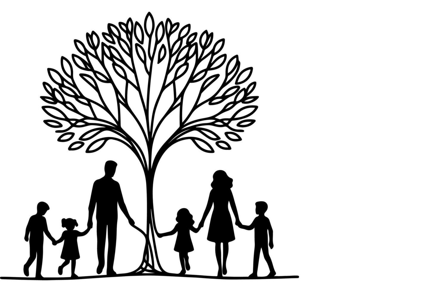 ai généré continu un noir ligne art dessin silhouettes de content famille en portant le mains avec arbre vecteur illustration sur blanc Contexte