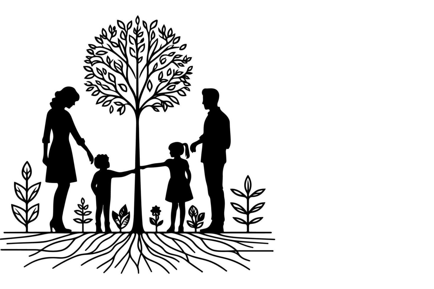 ai généré continu un noir ligne art dessin silhouettes de content famille en portant le mains avec arbre vecteur illustration sur blanc Contexte