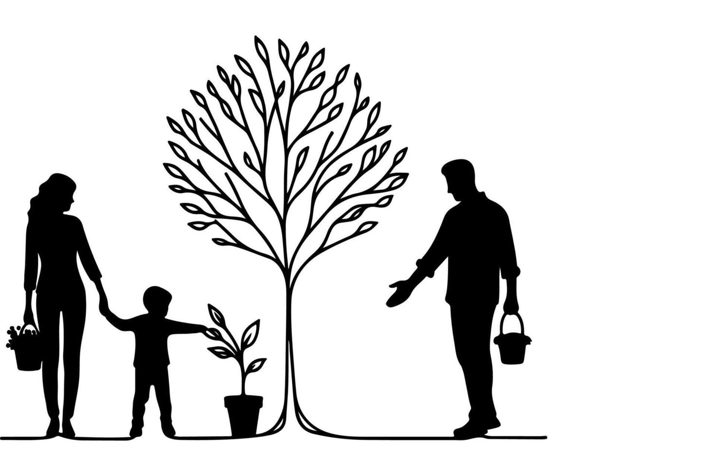 continu un noir ligne art dessin silhouettes de content famille en portant le mains avec arbre vecteur illustration sur blanc Contexte