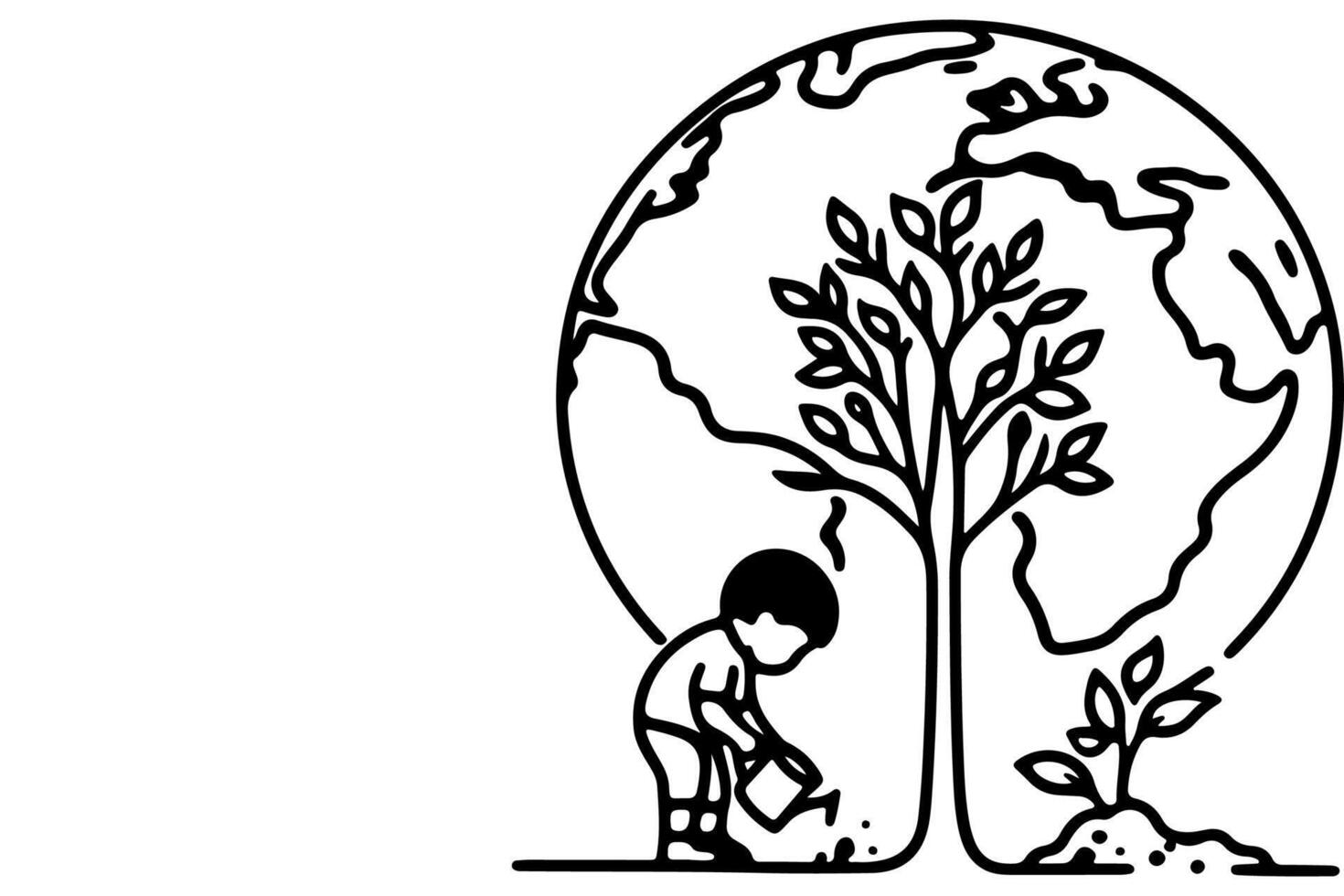 ai généré continu un noir ligne art dessin les enfants arrosage une arbre. plantation arbre à enregistrer le monde et Terre journée réduire global chauffage croissance concept vecteur illustration sur blanc Contexte