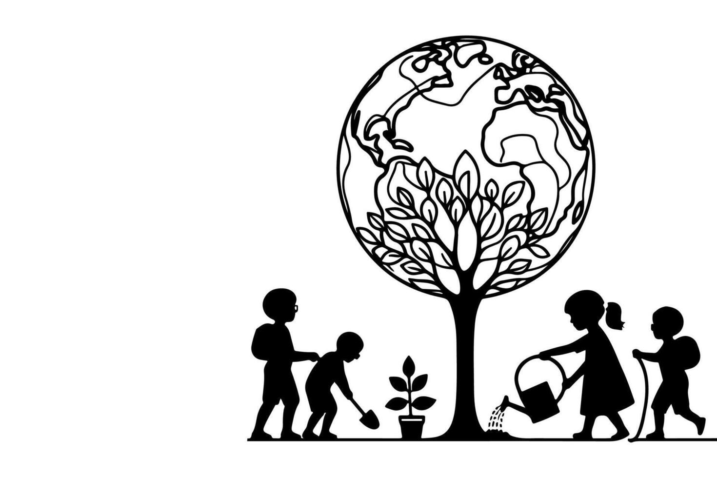 ai généré continu un noir ligne art dessin les enfants arrosage une arbre. plantation arbre à enregistrer le monde et Terre journée réduire global chauffage croissance concept vecteur illustration sur blanc Contexte