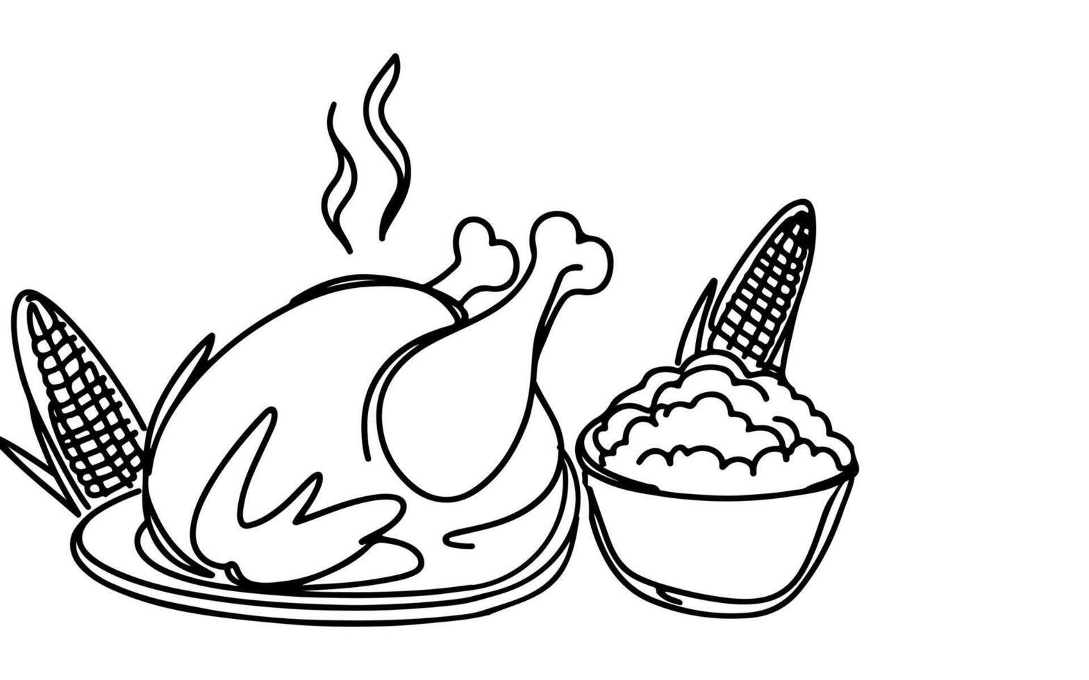 ai généré continu un ligne dessin poulet une assiette contour griffonnage linéaire vecteur action de grâces concept sur blanc Contexte
