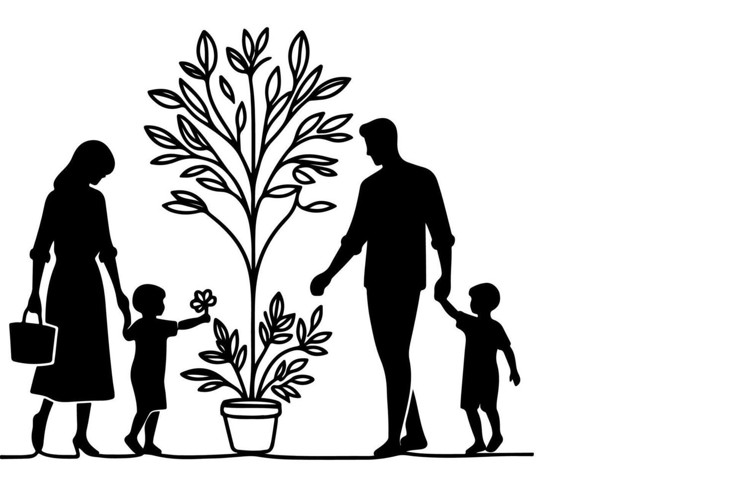 continu un noir ligne art dessin silhouettes de content famille en portant le mains avec arbre vecteur illustration sur blanc Contexte