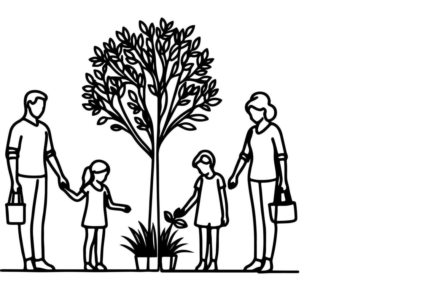 ai généré continu un noir ligne art dessin silhouettes de content famille en portant le mains avec arbre vecteur illustration sur blanc Contexte