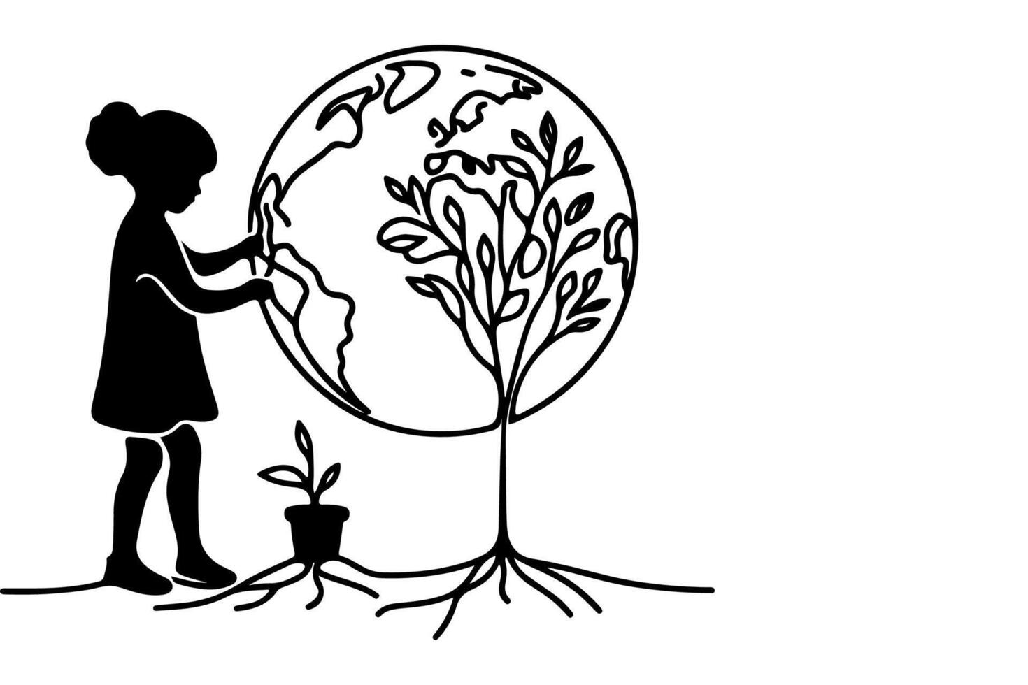 ai généré continu un noir ligne art dessin les enfants arrosage une arbre. plantation arbre à enregistrer le monde et Terre journée réduire global chauffage croissance concept vecteur illustration sur blanc Contexte