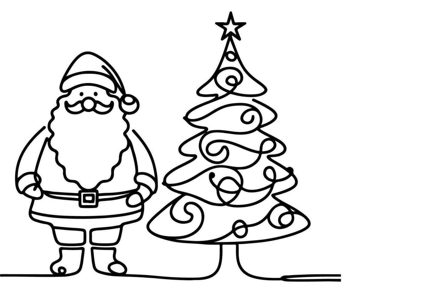 ai généré ne continu noir ligne art dessin de joyeux Noël arbre. main tiré de Père Noël claus contour griffonnage vecteur illustration