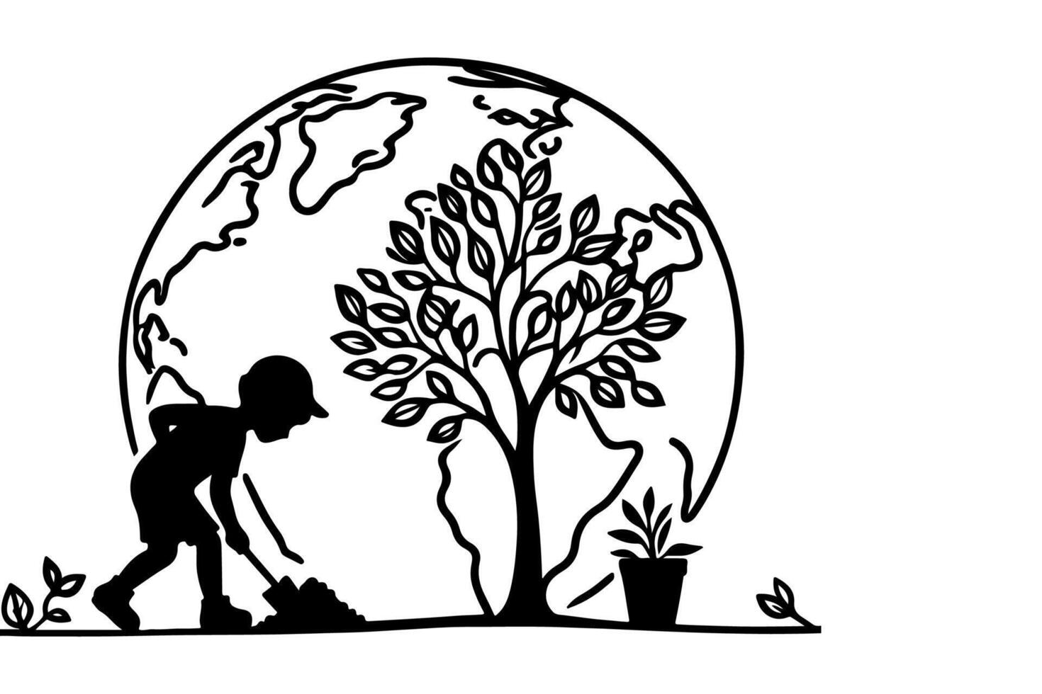 ai généré continu un noir ligne art dessin les enfants arrosage une arbre. plantation arbre à enregistrer le monde et Terre journée réduire global chauffage croissance concept vecteur illustration sur blanc Contexte