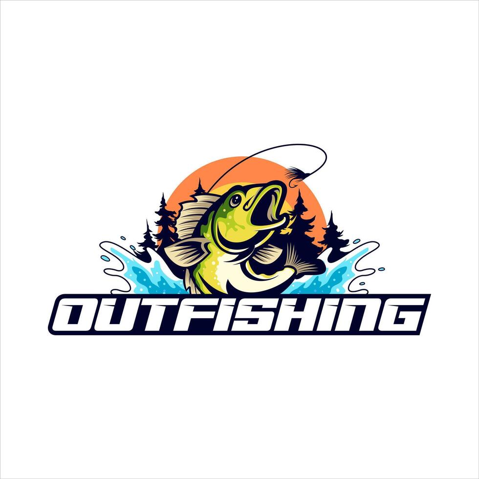 Extérieur pêche logo, unique et Frais basse poisson sauter en dehors de le eau, impressionnant à utilisation dans votre pêche sport activité. vecteur