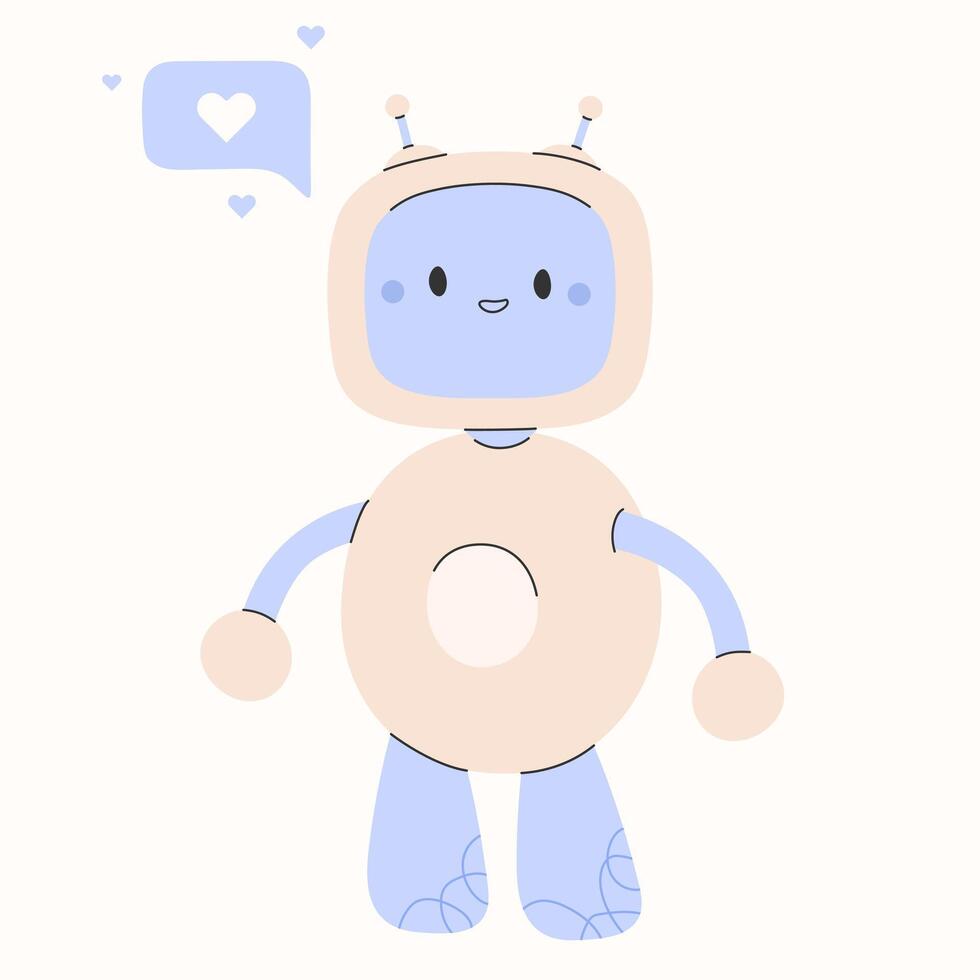 mignonne chatbot ai caractère.artificiel intelligence bavarder un service affaires concept.ai contenu Générateur. chatbot technologie, main tiré robot jouet mascotte. vecteur illustration eps dix