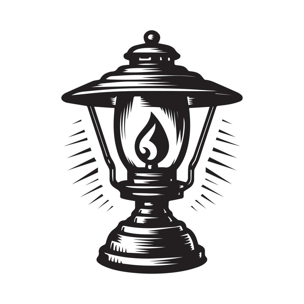 une noir et blanc dessin de une lampe avec une flamme à l'intérieur. vecteur