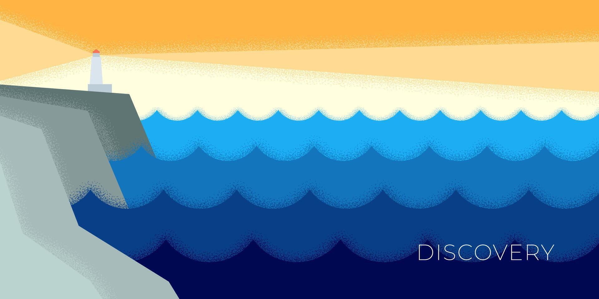 abstrait rétro minimal horizontal bannière avec phare sur Roche sur mer. géométrique paysage marin ancien affiche. graphique balise sur océan port scène sur branché minimaliste vecteur eps impression
