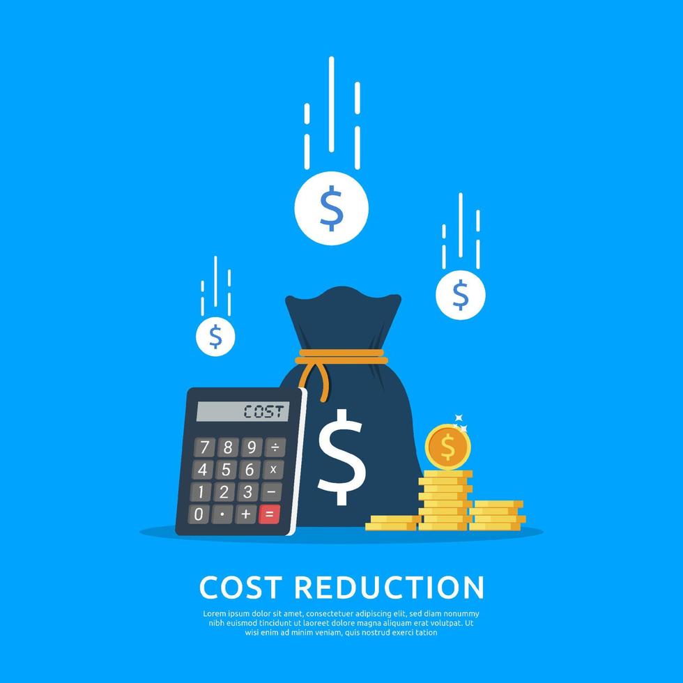 réduction des coûts, réduction des coûts, concept d'entreprise d'optimisation des coûts. sac d'argent, calculatrice et pièces de monnaie symbole vector illustration