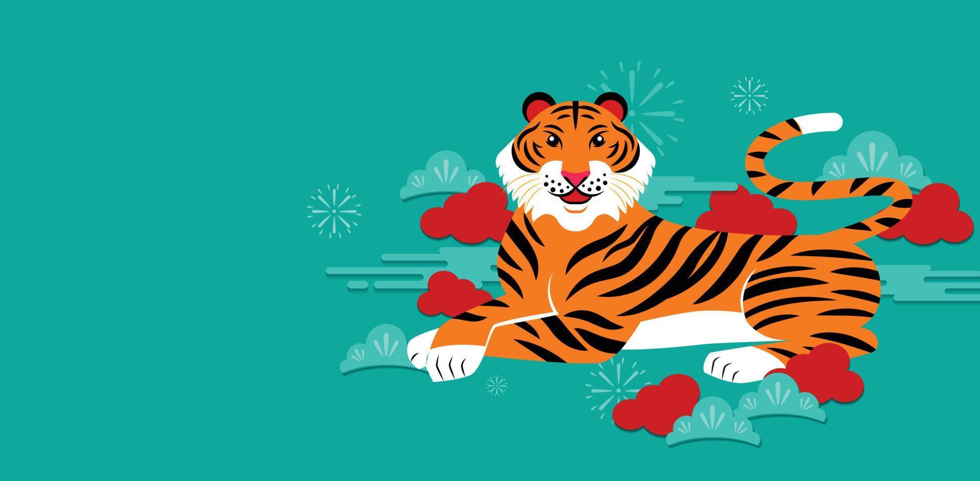 bonne année, nouvel an chinois, 2022, année du tigre, personnage de dessin animé, tigre royal, design plat vecteur