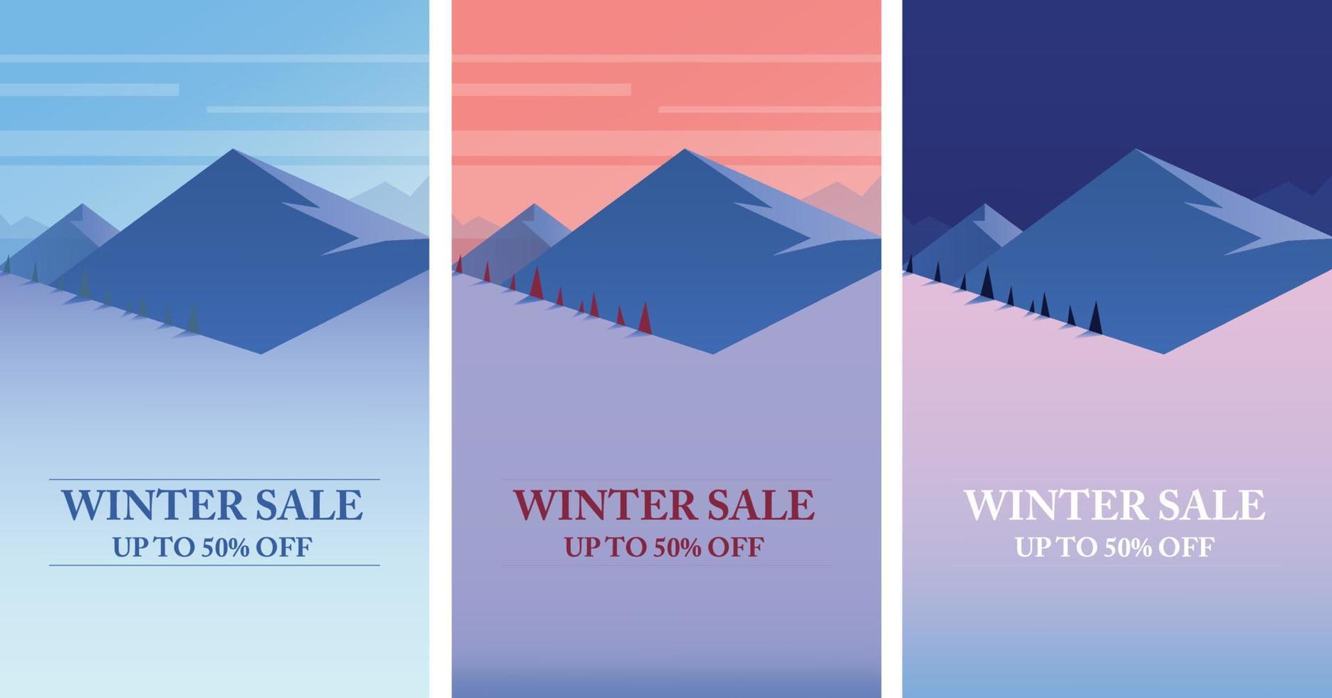 vente d'hiver avec paysage au lever, coucher du soleil et nuit. bannières de saison d'hiver définies illustration vectorielle de modèle. vecteur
