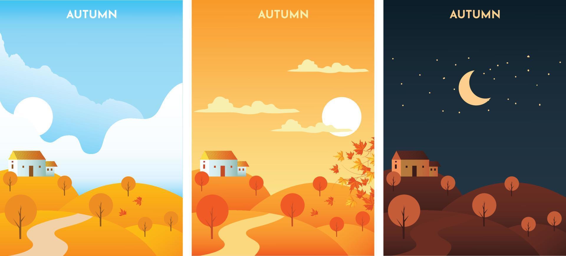 paysage d'automne au lever, au coucher du soleil et à la nuit. bannières de saison d'automne définies illustration vectorielle de modèle. vecteur