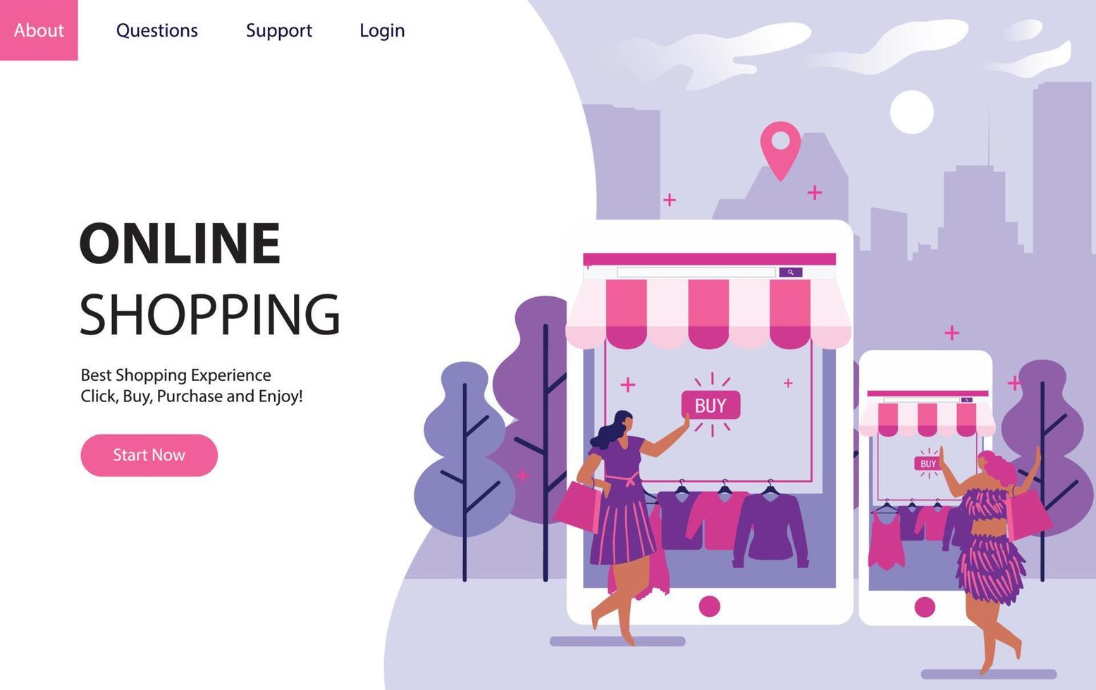 concept d'achat en ligne avec des femmes qui achètent des trucs sur Internet sous forme d'ordinateur portable. Landing page moderne modèle vector illustration - vector