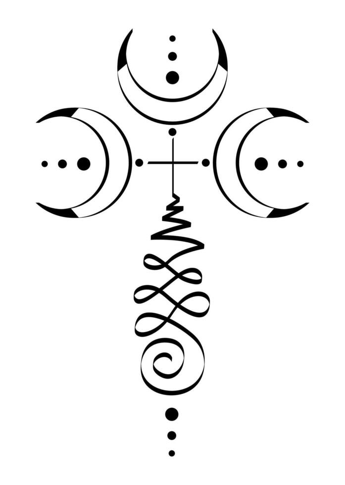 unalome croissant lune symbole, tripler déesse signe représentant chemin à éclaircissement. noir main tiré yantras icône. tatouage encre dessin, illustration isolé sur blanc Contexte vecteur