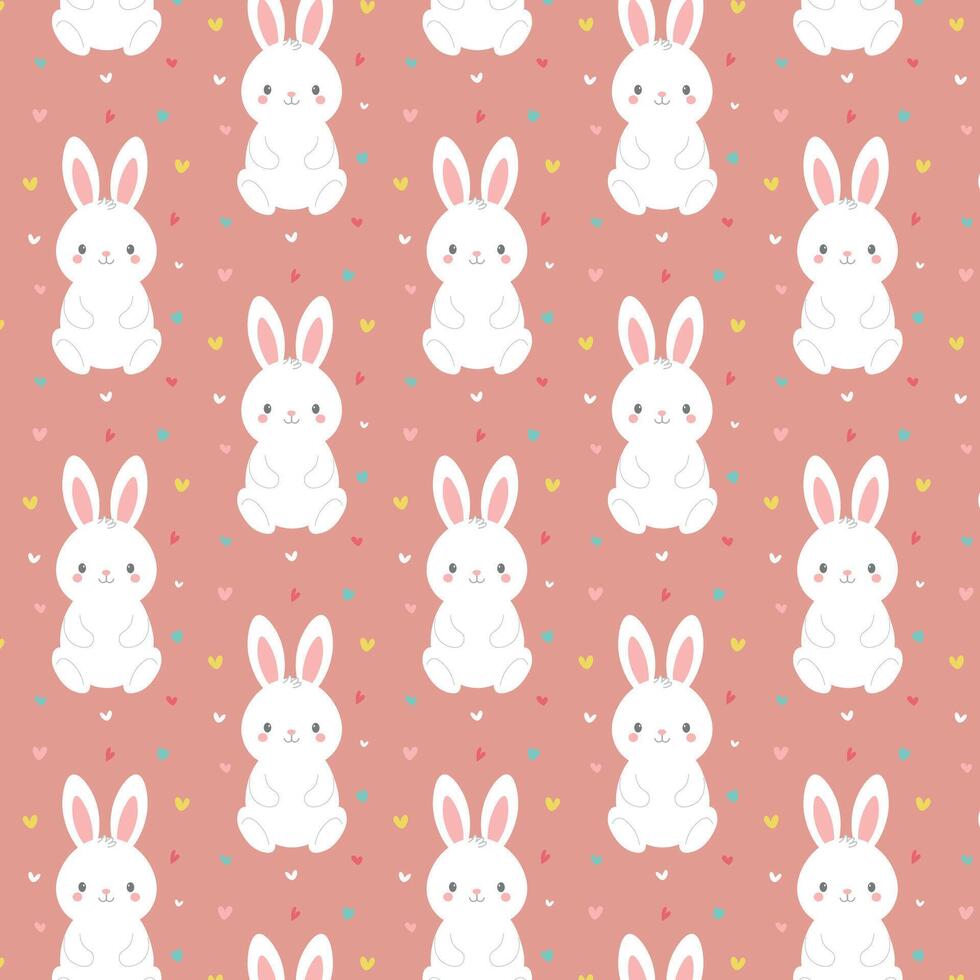 mignonne modèle avec blanc lapins, avec petit coloré cœurs entrecoupé tout au long de. sans couture modèle avec lapin lapin les dessins animés, mignonne coloré cœurs, illustration vecteur