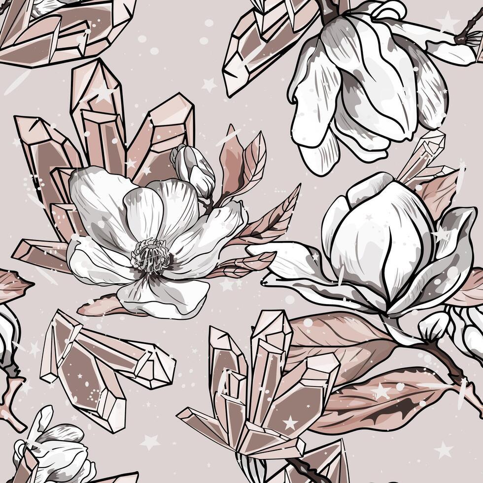 magnolia brunch . épanouissement magnolia et cristaux modèle. sans couture illustration impression pour emballage papier, textile, préparation pour designers vecteur