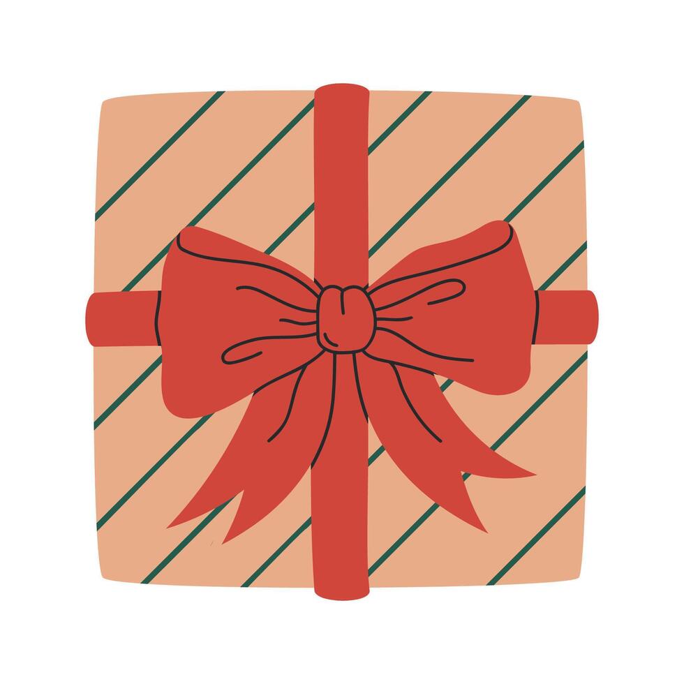 main tiré cadeau boîte. enveloppé anniversaire ou Noël présent boîte avec rouge soie arc, cadeau boîte Haut vue plat illustration. vacances cadeau boîte sur blanc vecteur