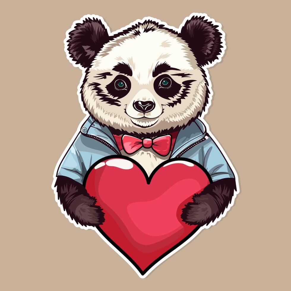 romantique Panda dans une bleu chemise en portant une gros rouge cœur dans le sien pattes. illustration ou autocollant pour anniversaire ou valentines journée. main tiré Panda dans . vecteur