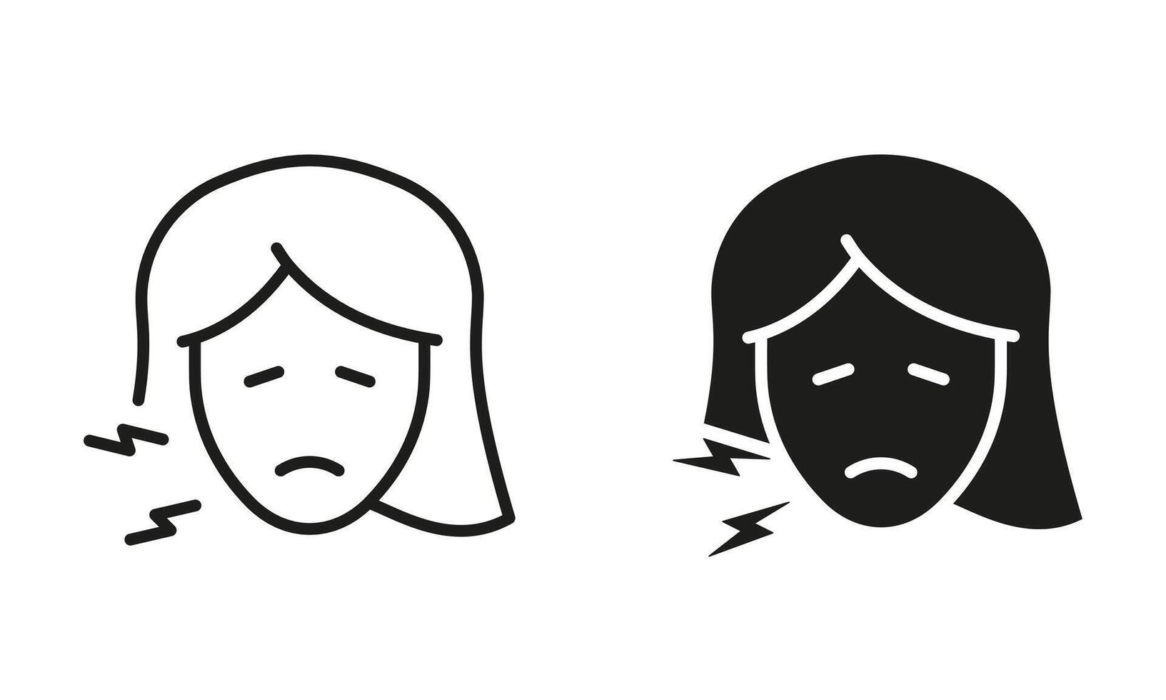 femme avec dentaire douleur symbole ensemble. mal aux dents silhouette et ligne Icônes. Humain oral maladie, dentiste médical traitement. les dents mal noir pictogramme collection. isolé illustration. vecteur