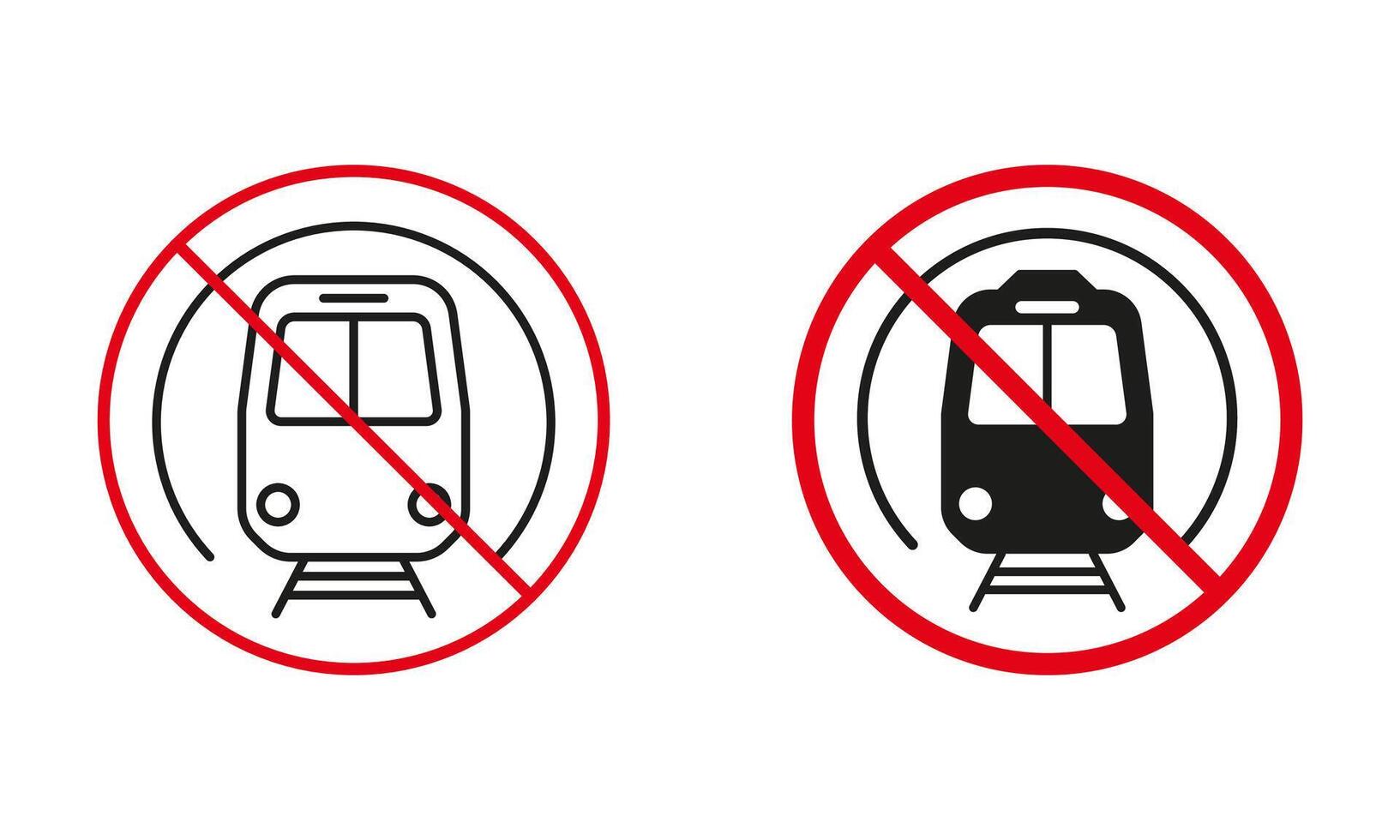 métro ne pas permis route signe. interdire métro, former, souterrain station cercle symbole ensemble. interdire circulation rouge signe. chemin de fer transport ligne et silhouette interdit icône. isolé illustration vecteur