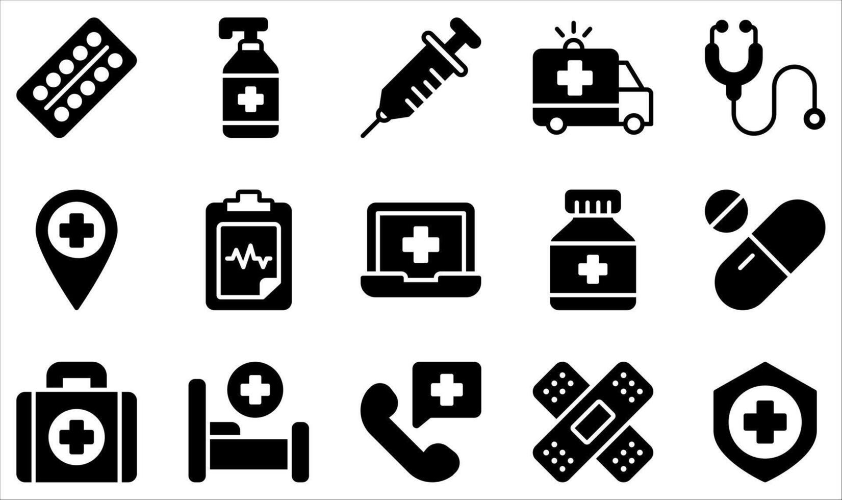 collection de Icônes en relation à santé. contient Icônes comme pilules, injection, ambulance, mal hôpital, rapport, médicament et plus. vecteur