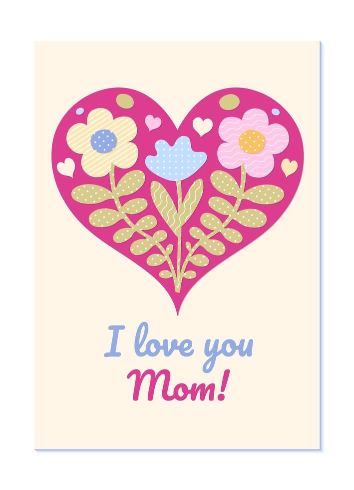 content les mères journée salutation carte dans puéril applique style avec papier fleurs dans une cœur. vecteur