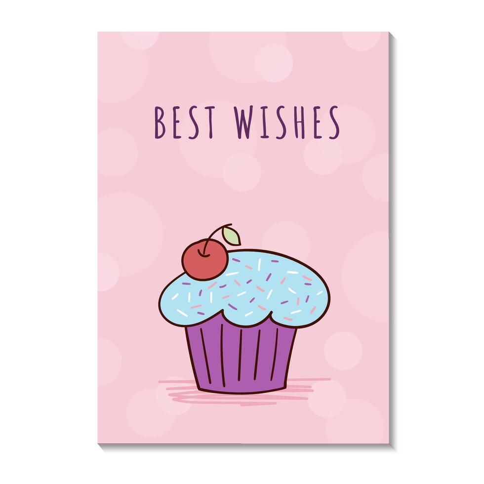 salutation carte avec une brillant et délicieux petit gâteau, muffin, et une inscription. le illustration est dessiné à la main dans une griffonnage style vecteur