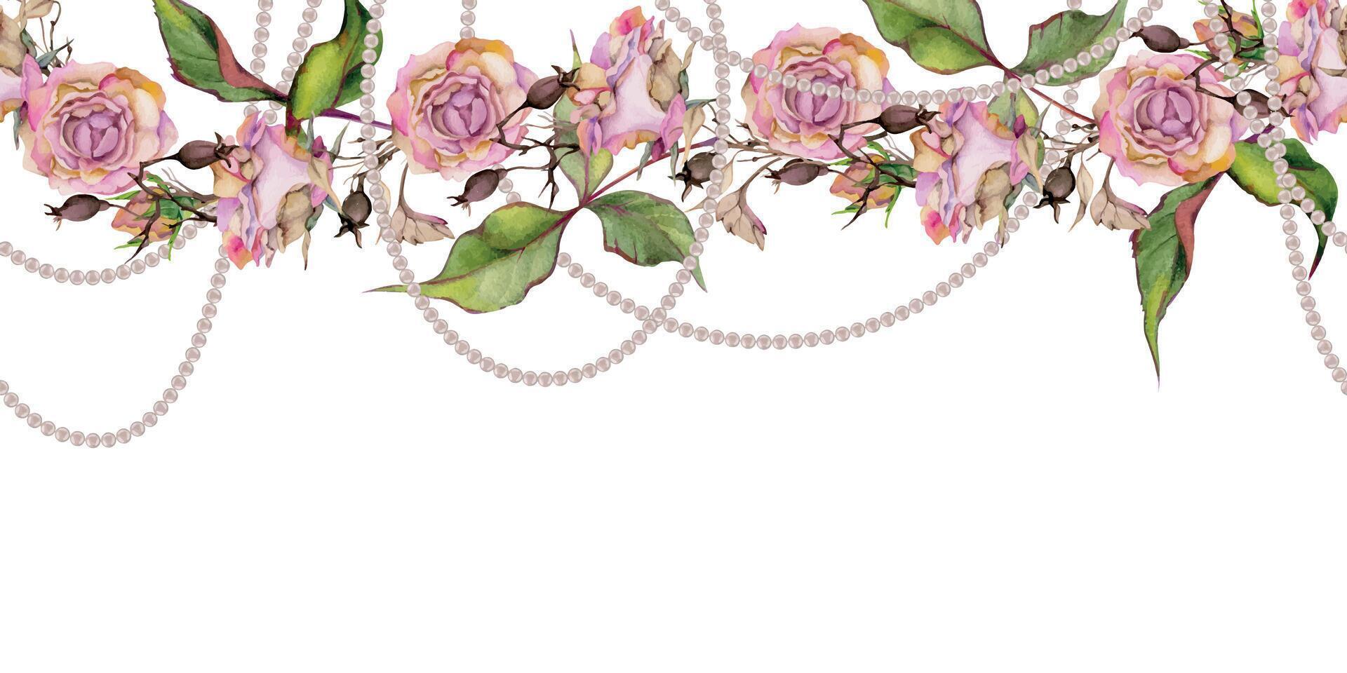 main tiré aquarelle illustration minable boho botanique fleurs feuilles. Rose hanche perle perles l'automne branches lunaire rose pastel. sans couture bannière isolé blanc Contexte. conception mariage floral magasin vecteur