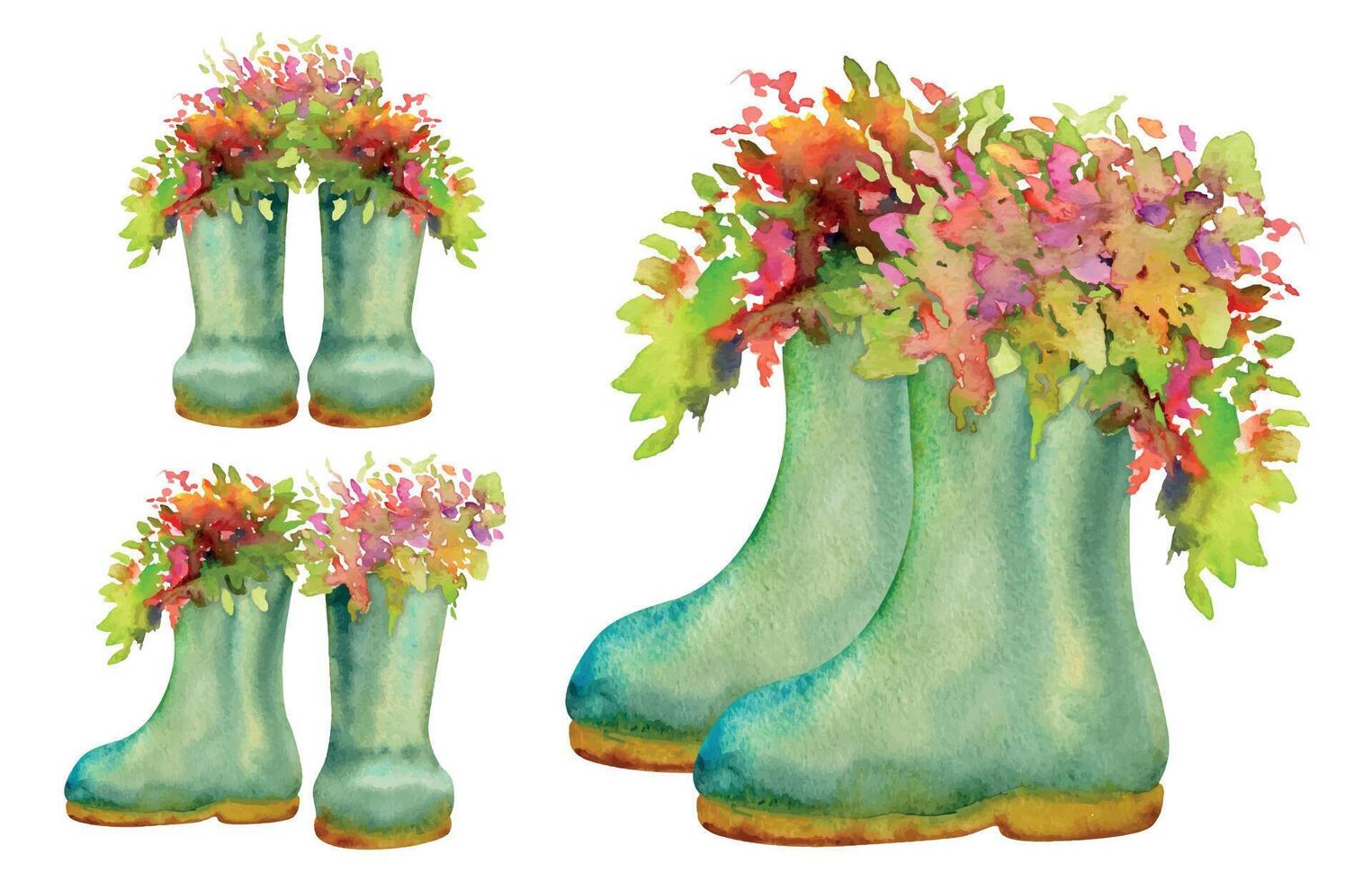 main tiré aquarelle illustration printemps jardinage chaussures, vert caoutchouc bottes avec fleurs et feuilles. ensemble de objets isolé blanc Contexte. conception imprimer, boutique, scrapbooking, emballage, découpage vecteur