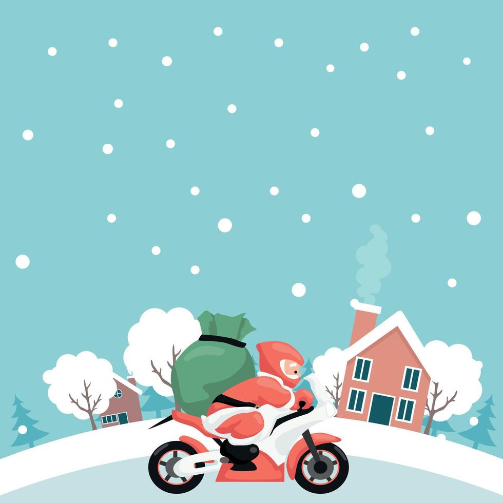 carte de dédicace de joyeux noël moto dans une ville enneigée vecteur