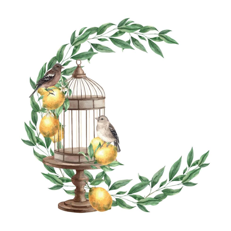 une couronne de vert feuilles, avec une bronze cage, marron des oiseaux et Jaune citrons. isolé aquarelle illustration dans ancien style. Fait main composition pour conception de cartes, mariage conception, invitations vecteur