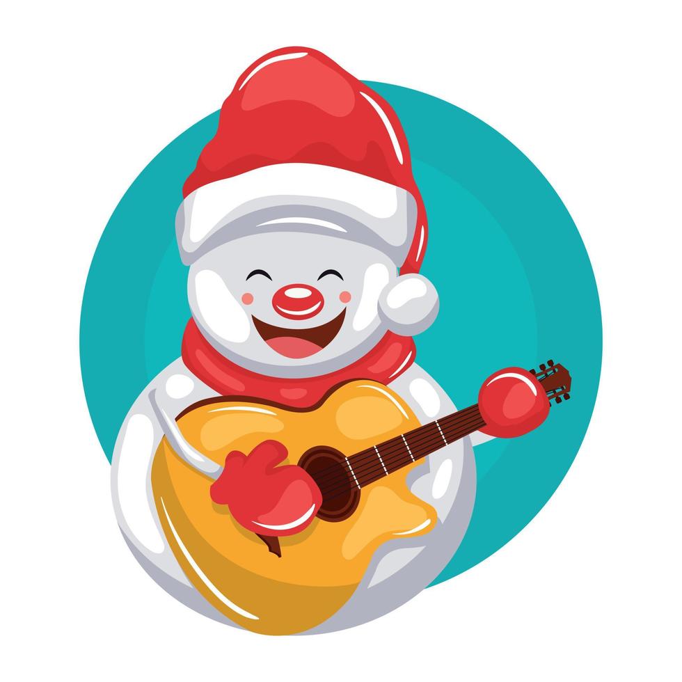 bonhomme de neige avec chapeau de noël jouant un peu de guitare vecteur