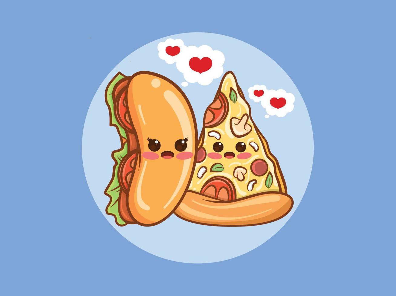 concept de couple mignon hot-dog et pizza slice. personnage de dessin animé et illustration. vecteur