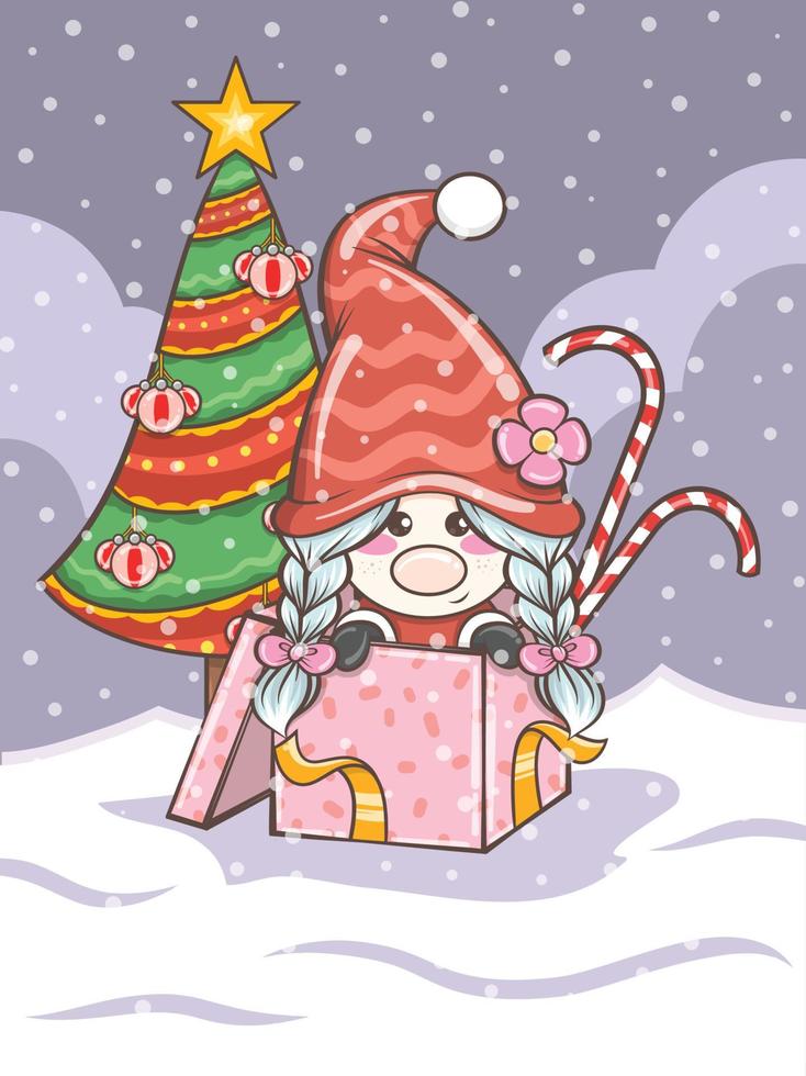 illustration mignonne de fille de gnome avec la boîte-cadeau de noël vecteur