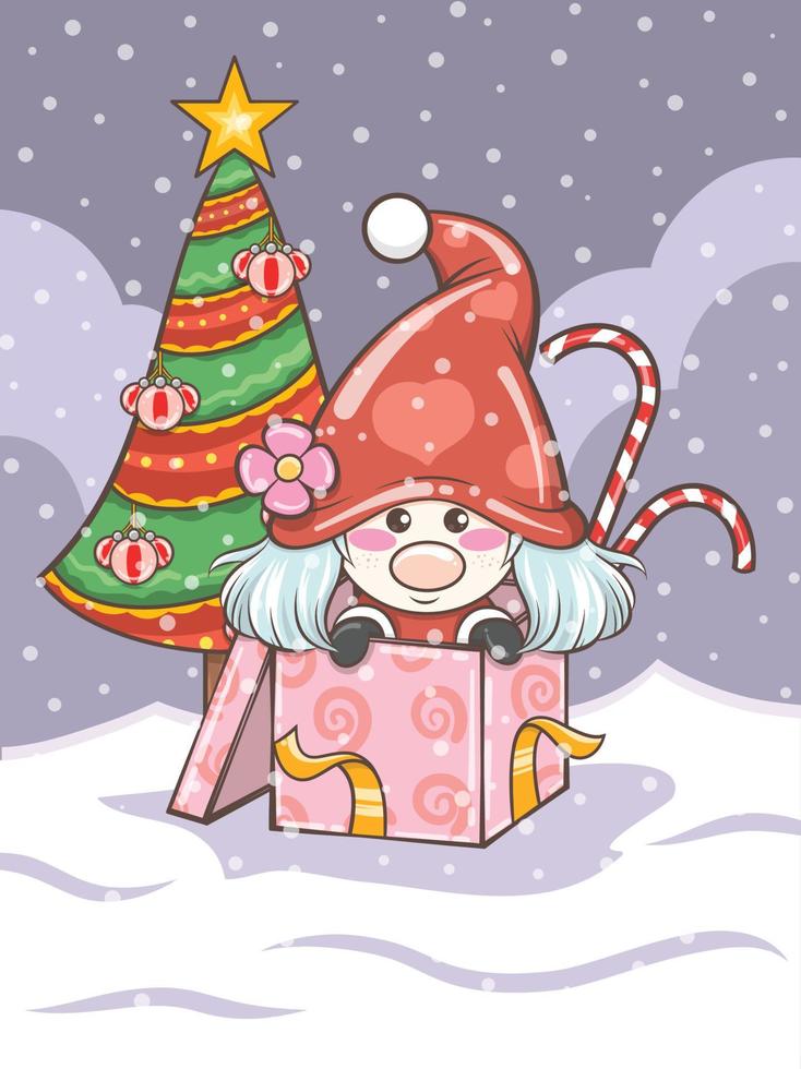 illustration mignonne de fille de gnome avec la boîte-cadeau de noël vecteur