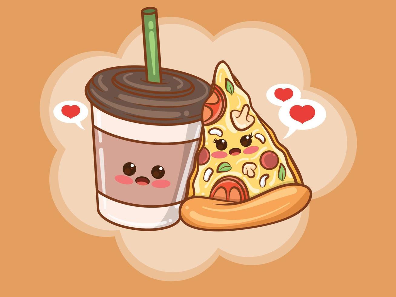 tasse de café mignon et concept de couple de tranches de pizza. dessin animé vecteur