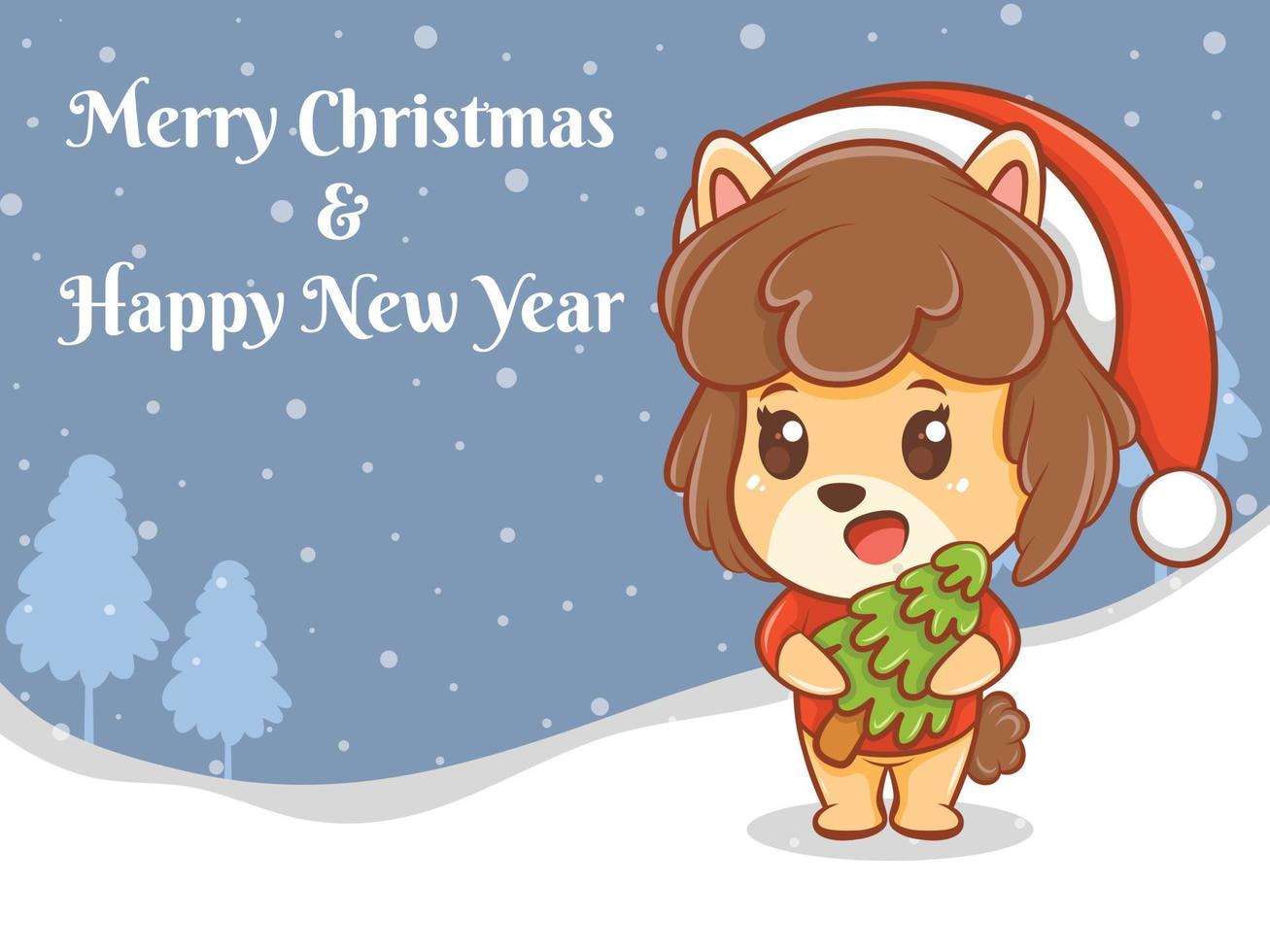 personnage de dessin animé mignon chiot avec joyeux noël et bonne année bannière de voeux. vecteur