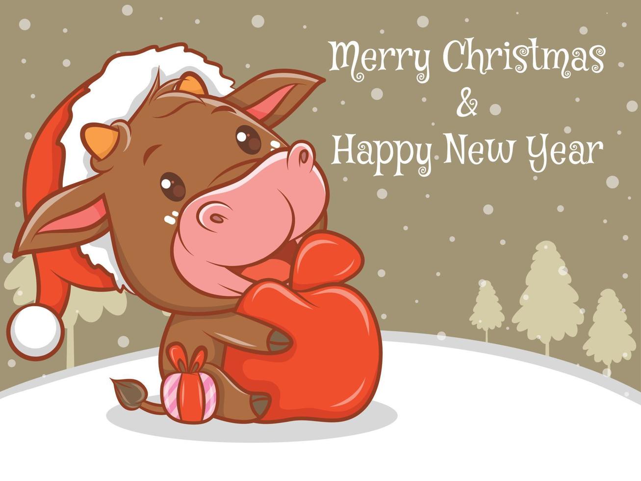 personnage de dessin animé de vache mignon avec joyeux noël et bonne année bannière de voeux. vecteur