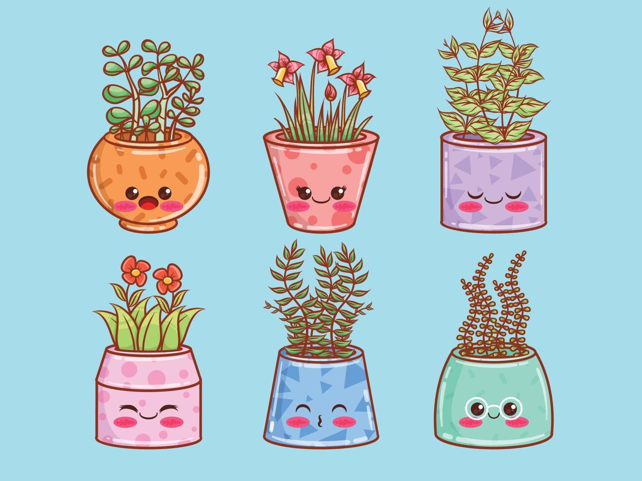 ensemble de personnages de dessins animés et d'illustrations de pots de fleurs d'été mignons. vecteur