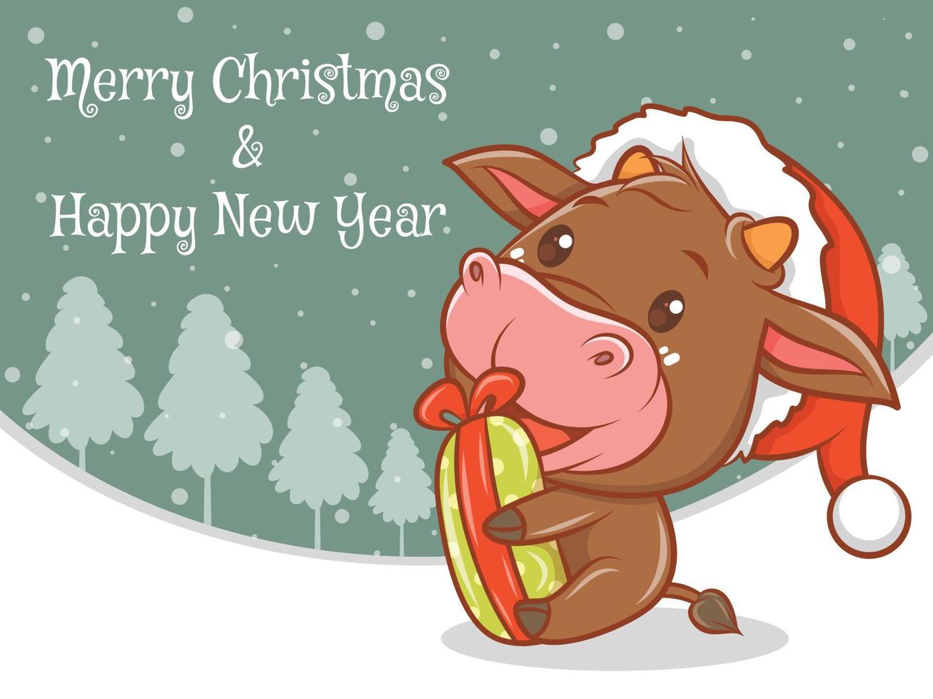 personnage de dessin animé de vache mignon avec joyeux noël et bonne année bannière de voeux. vecteur